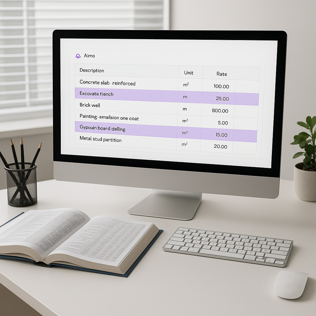A construction estimator’s desk with open rate books and a computer screen displaying AI-powered software highlighting m...