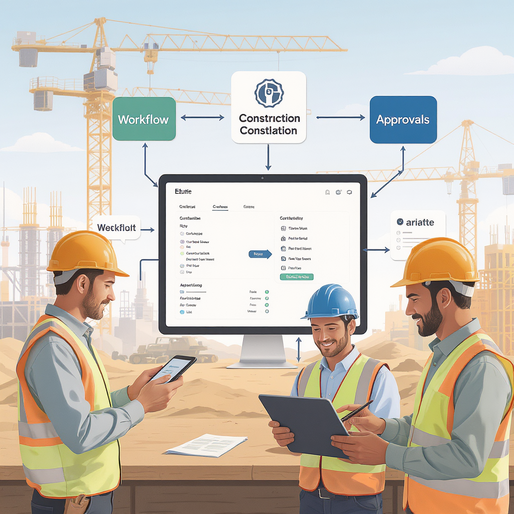 An illustration of a construction site team using a modern ERP system on tablets and laptops, with workflows and approva...