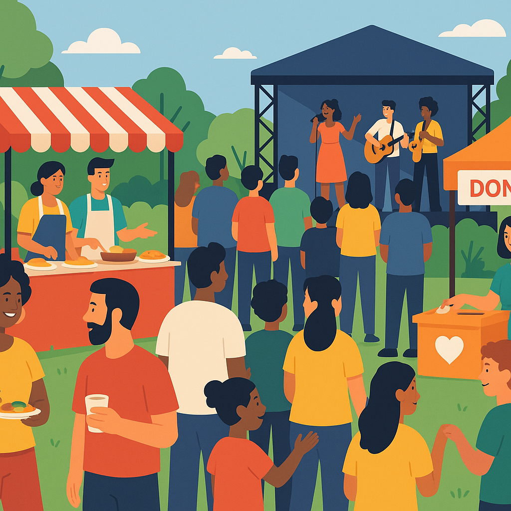A vibrant community event with diverse people gathered outdoors, enjoying food stalls, a stage with performers, and a do...