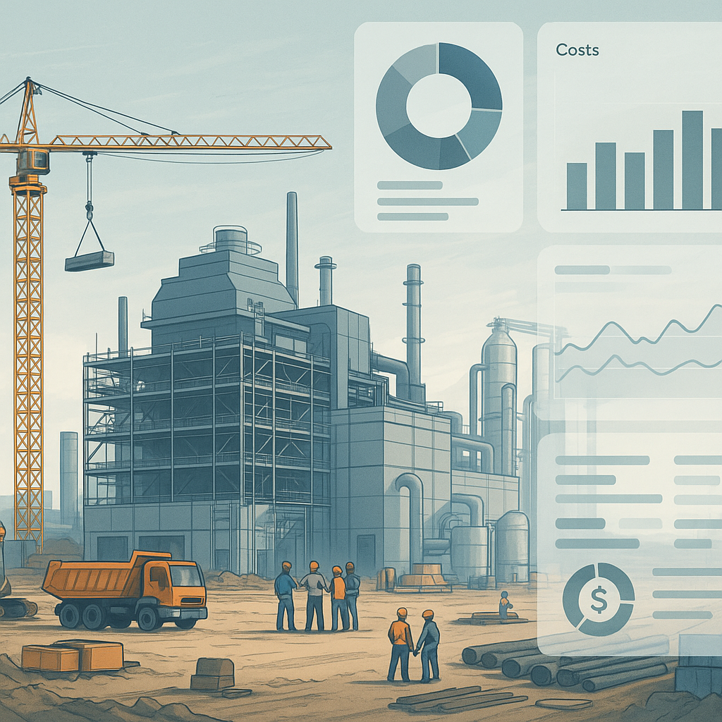 A detailed illustration of a massive construction site for a factory, showing cranes, equipment, and workers. Include sc...