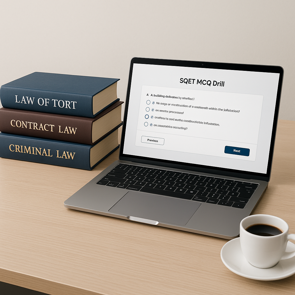 A modern study desk with a mix of law textbooks, a laptop showing an SQE1 MCQ drill in progress, and a cup of coffee. Cl...
