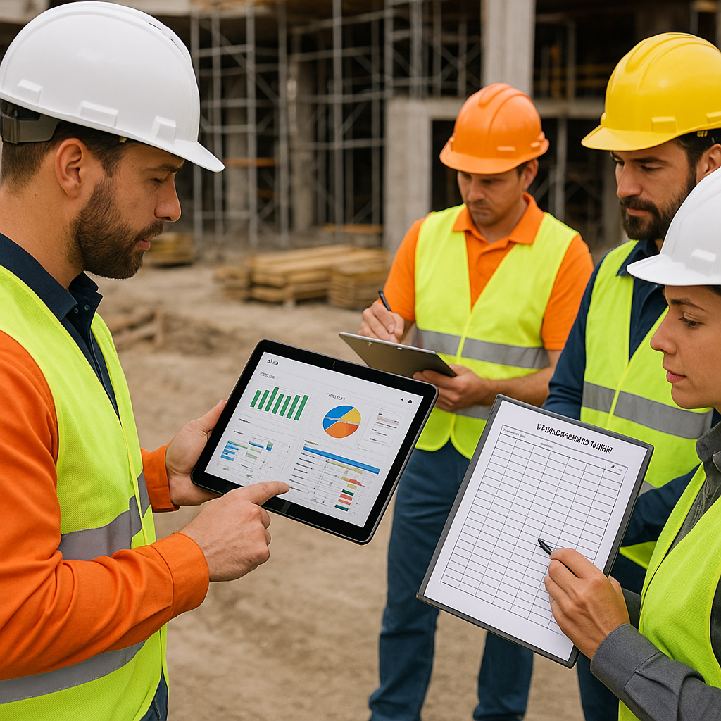 A construction site with workers reviewing digital tablets, showing ERP dashboards, and subcontractors marking work prog...