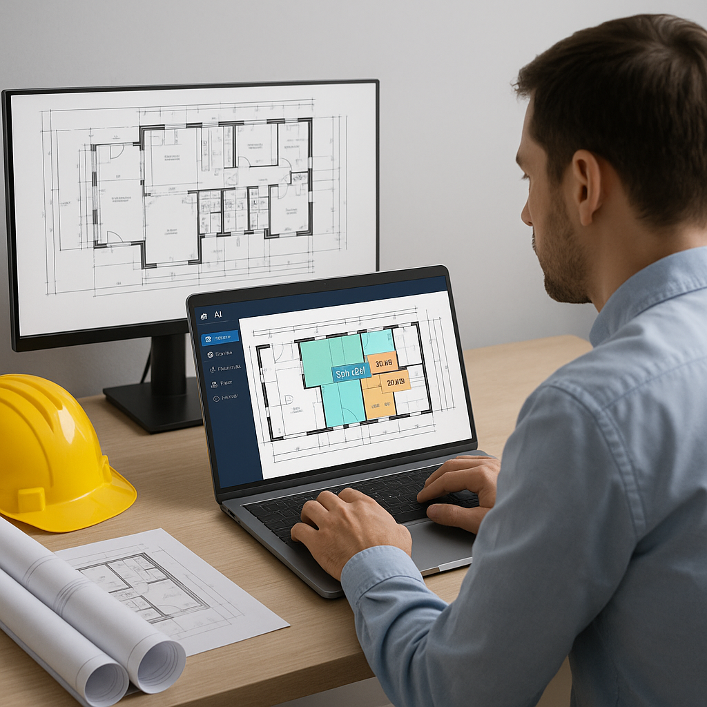A construction estimator using AI-powered software on a laptop, with PDF plans open on one screen and automated measurem...
