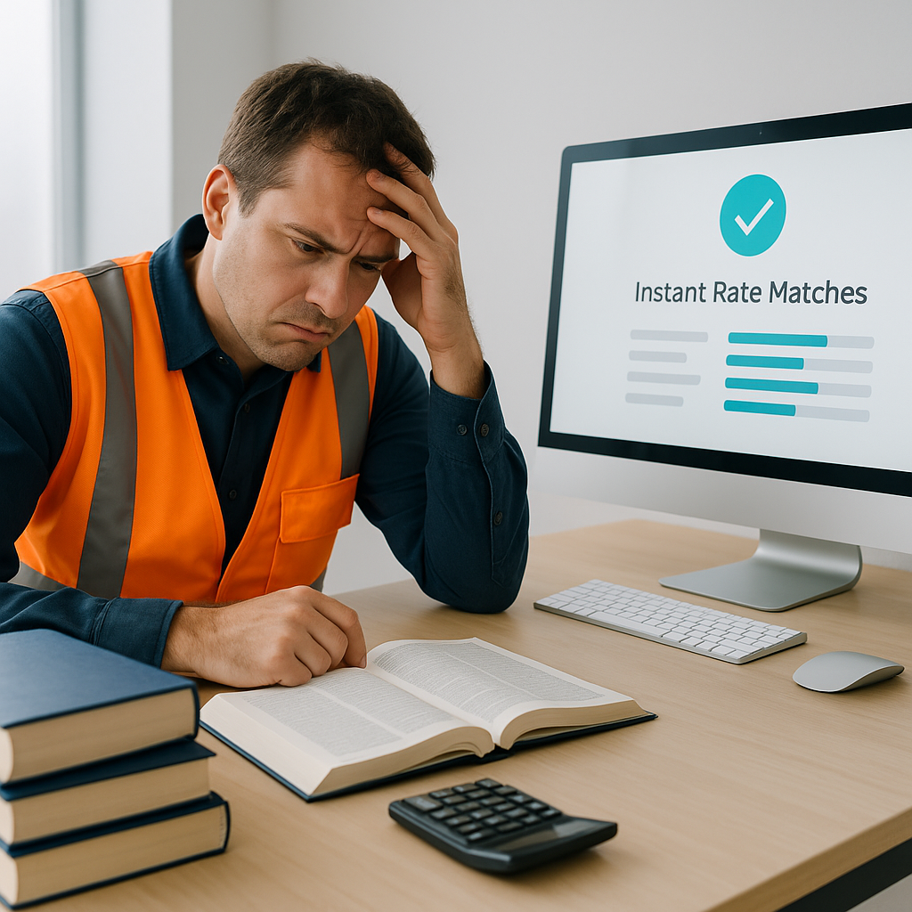 A construction estimator sitting at a desk surrounded by thick rate books, looking frustrated. Nearby, a sleek AI-powere...