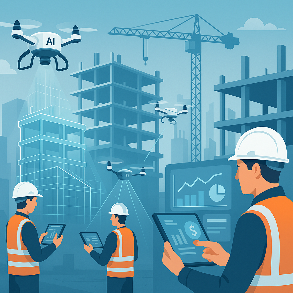 A futuristic construction site with AI-powered drones scanning blueprints, workers using tablets for real-time cost esti...
