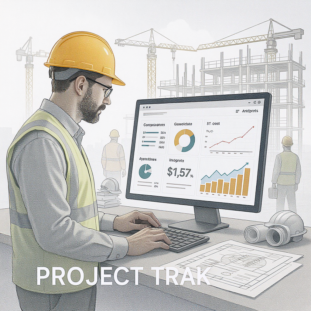 A detailed illustration showing a construction project manager analyzing a dashboard with real-time cost tracking, surro...