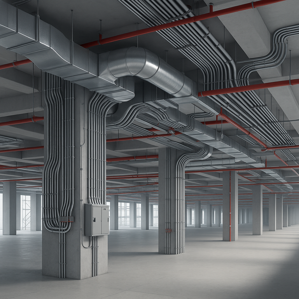 A detailed visualization of a hyperscale data center under construction, showing layers of HVAC ducts, electrical condui...