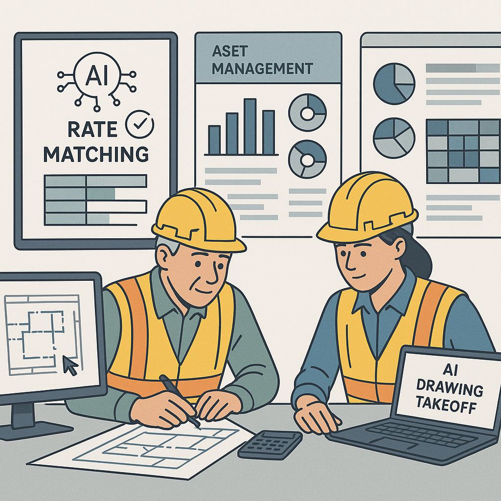 A detailed illustration of construction estimators at a desk, blending AI-driven tools (like screens showing rate matchi...
