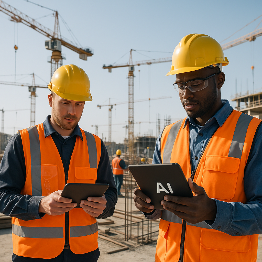 A construction site in peak bidding season, with workers using AI-powered tablets for estimation tasks, set against a ba...
