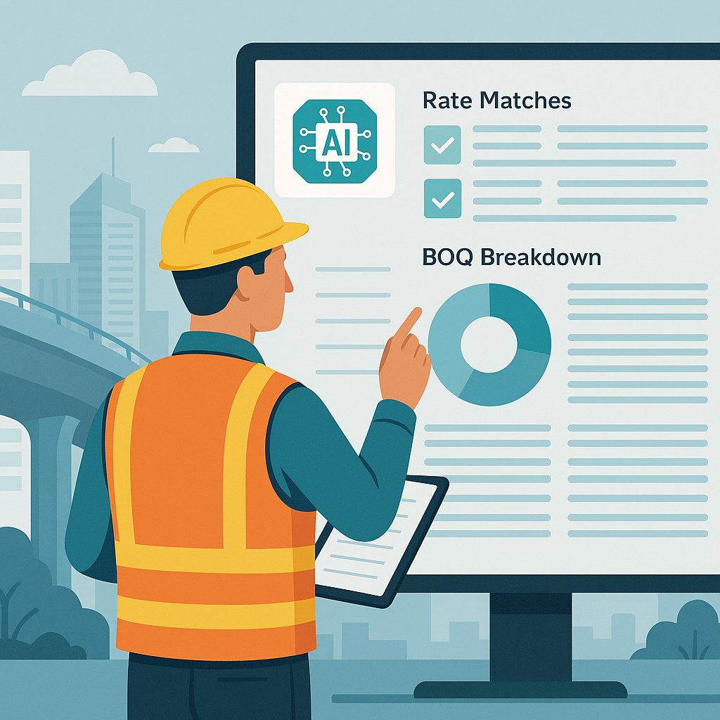 A digital illustration of a construction estimator in front of a large AI-powered screen, showing rate matches and BOQ b...