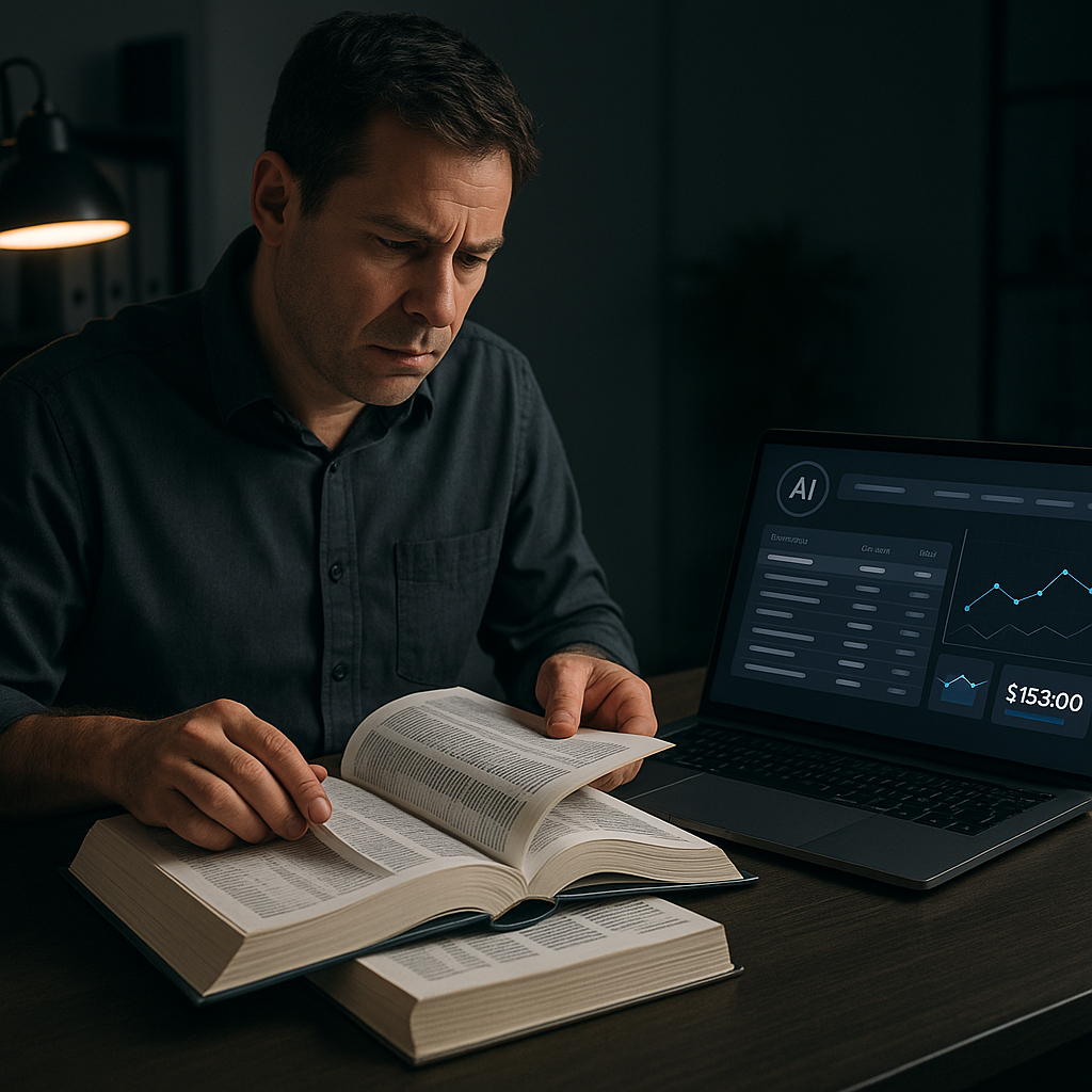 A busy estimator flipping through thick construction rate books in a dimly lit office, contrasted with a sleek laptop sh...