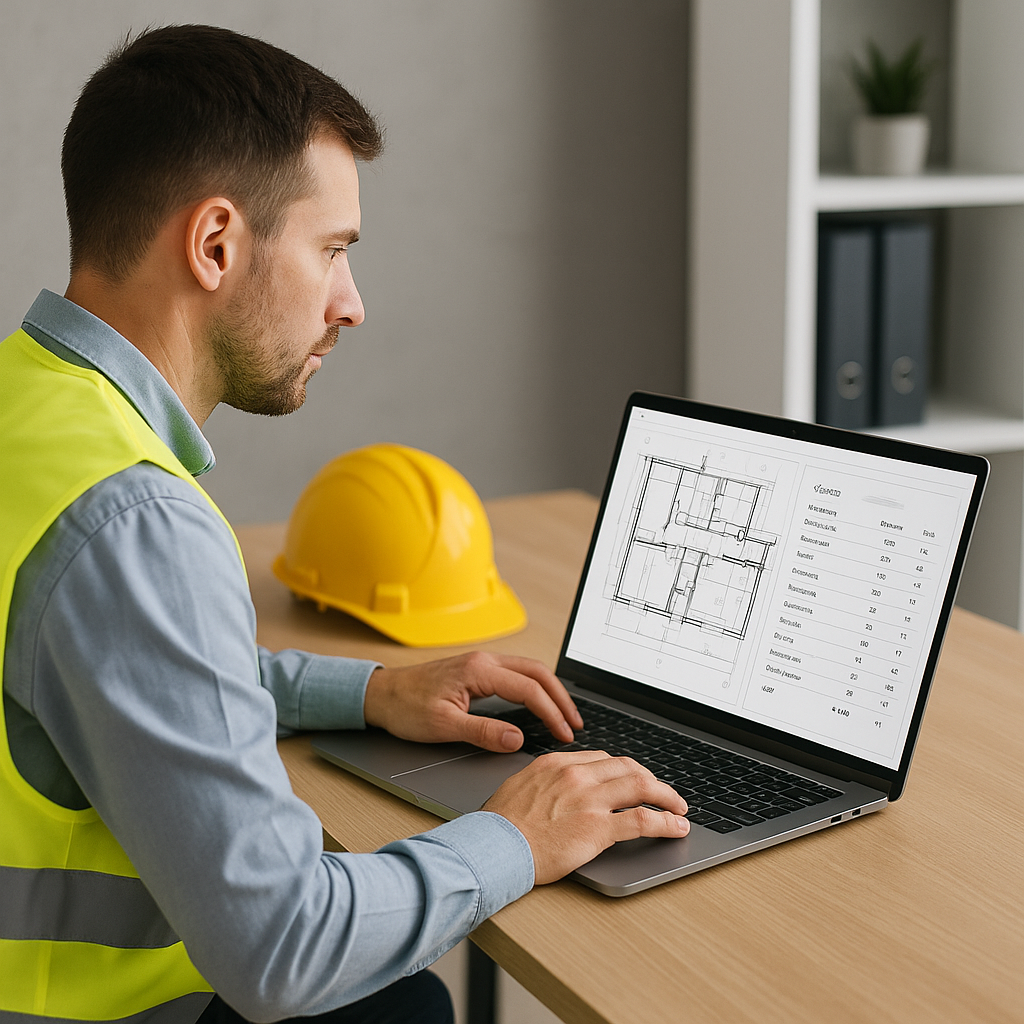 A construction estimator using AI software on a laptop, with a PDF drawing displayed and automated quantity takeoff resu...