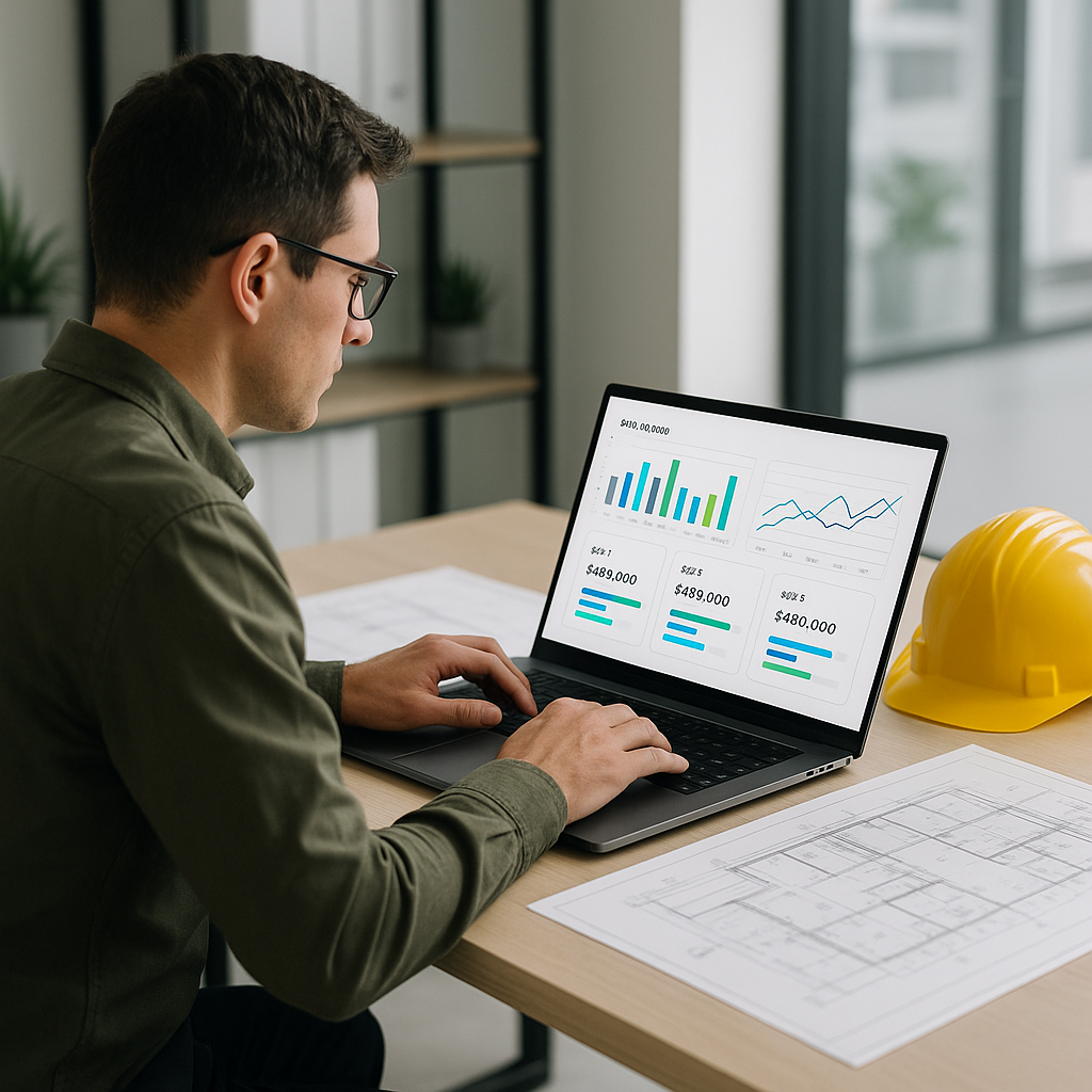 A construction estimator at a desk reviewing bids on a laptop screen, with AI-powered charts and bid comparisons visible...