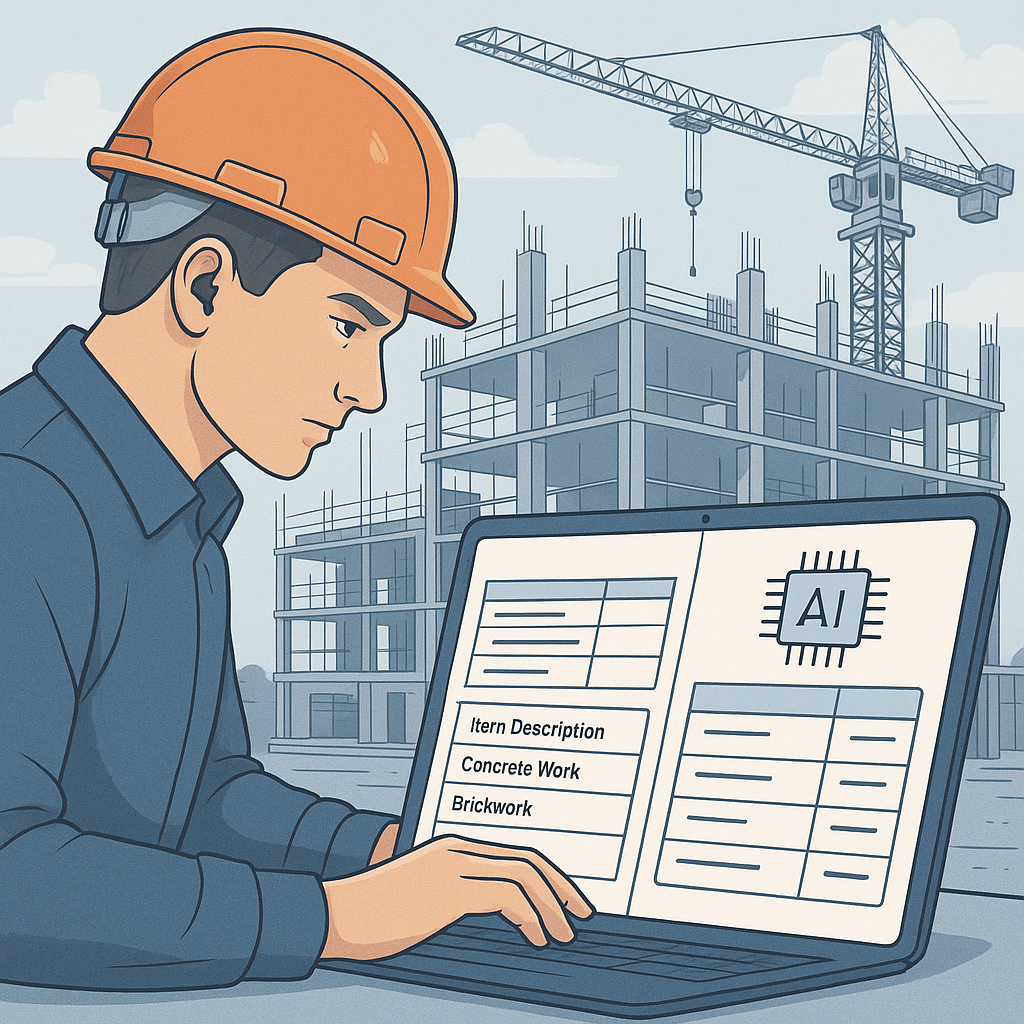 Detailed illustration of a construction estimator using a futuristic AI-powered tool with a split screen showing a BOQ o...