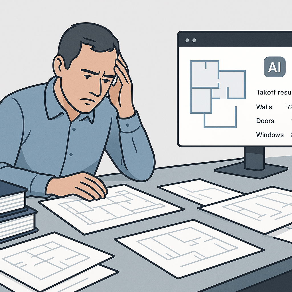 A construction estimator sitting at a desk, overwhelmed by paper drawings and rate books, contrasted with a sleek AI int...