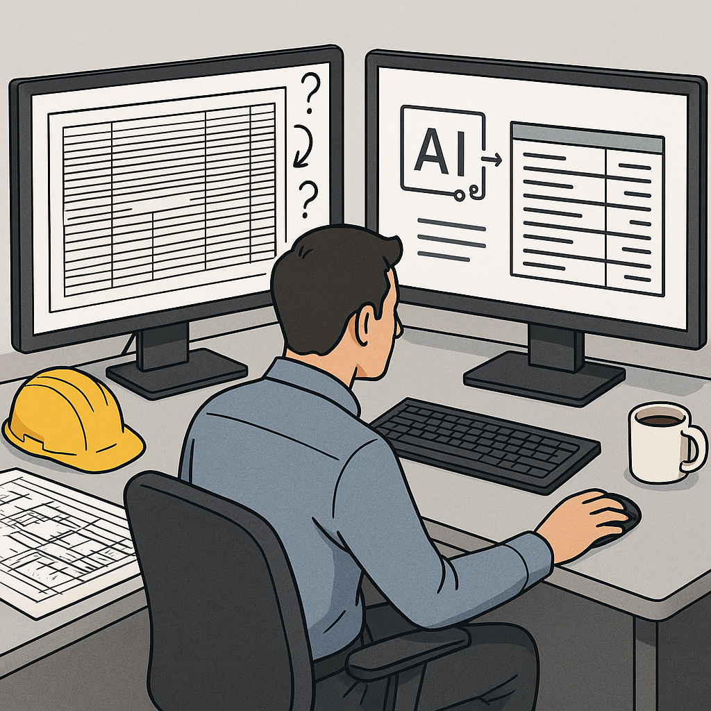 A detailed illustration of a construction estimator at a desk with dual monitors. One screen shows a cluttered PDF rate...