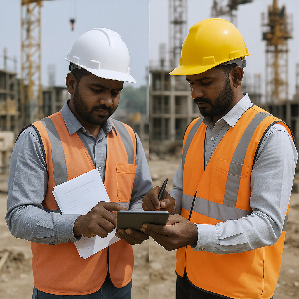 An Indian construction site with workers using a tablet to track project progress, cranes in the background, and a clear...