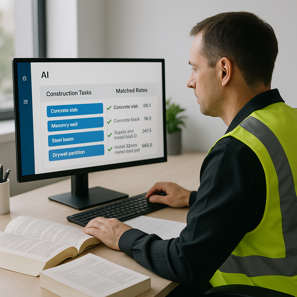 A construction estimator at a desk, surrounded by paper rate books and a computer screen showing AI software instantly m...
