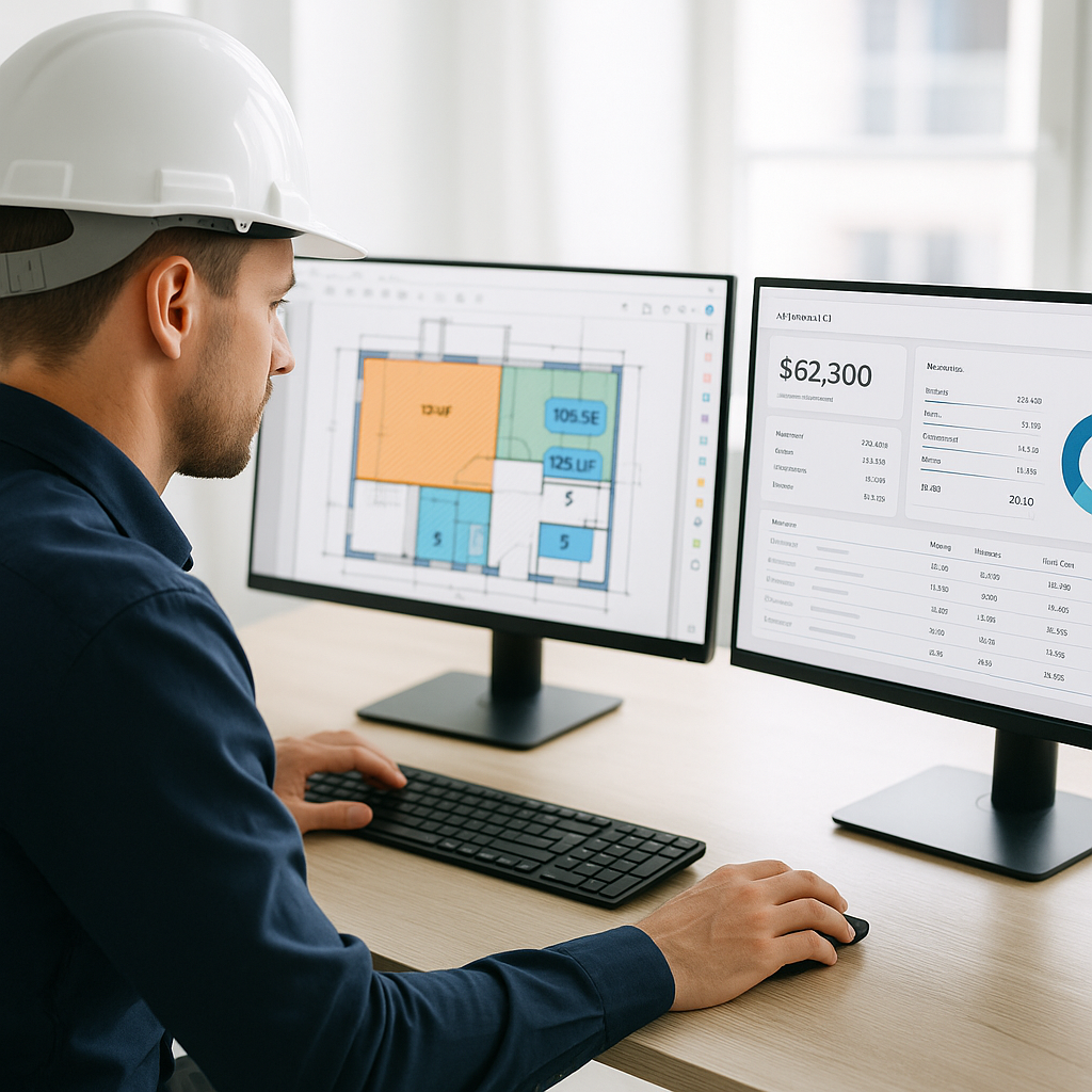 A construction estimator using AI-powered software on a dual-monitor setup. One screen shows a PDF drawing with highligh...