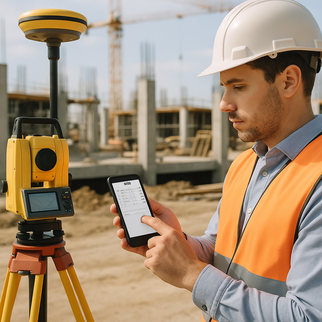 A construction site survey with a contractor using a mobile app to input BOQ details directly, featuring modern equipmen...