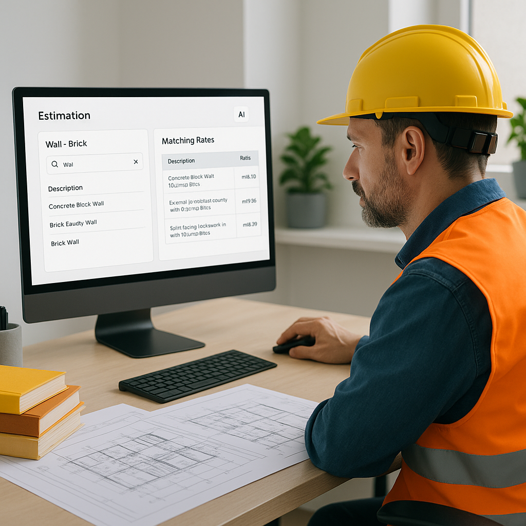 A construction estimator sitting at a desk cluttered with rate books and drawings, next to a sleek computer screen showi...