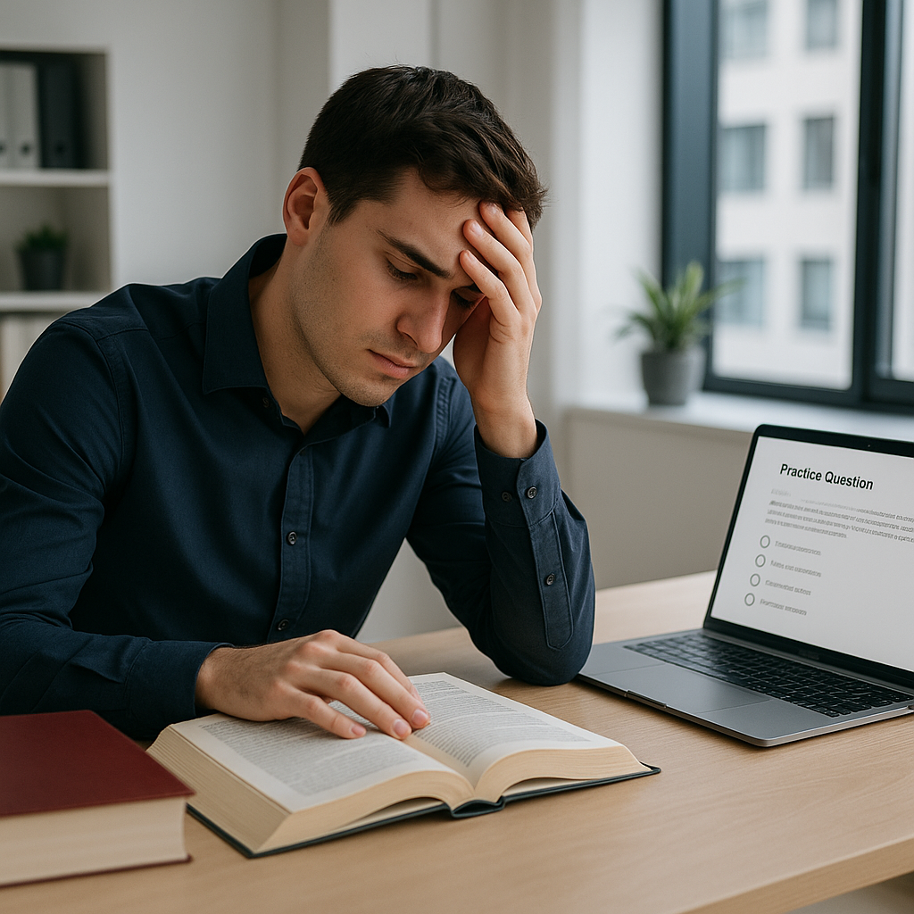 A modern office setting with a stressed trainee studying legal textbooks and a laptop open to a practice question interf...