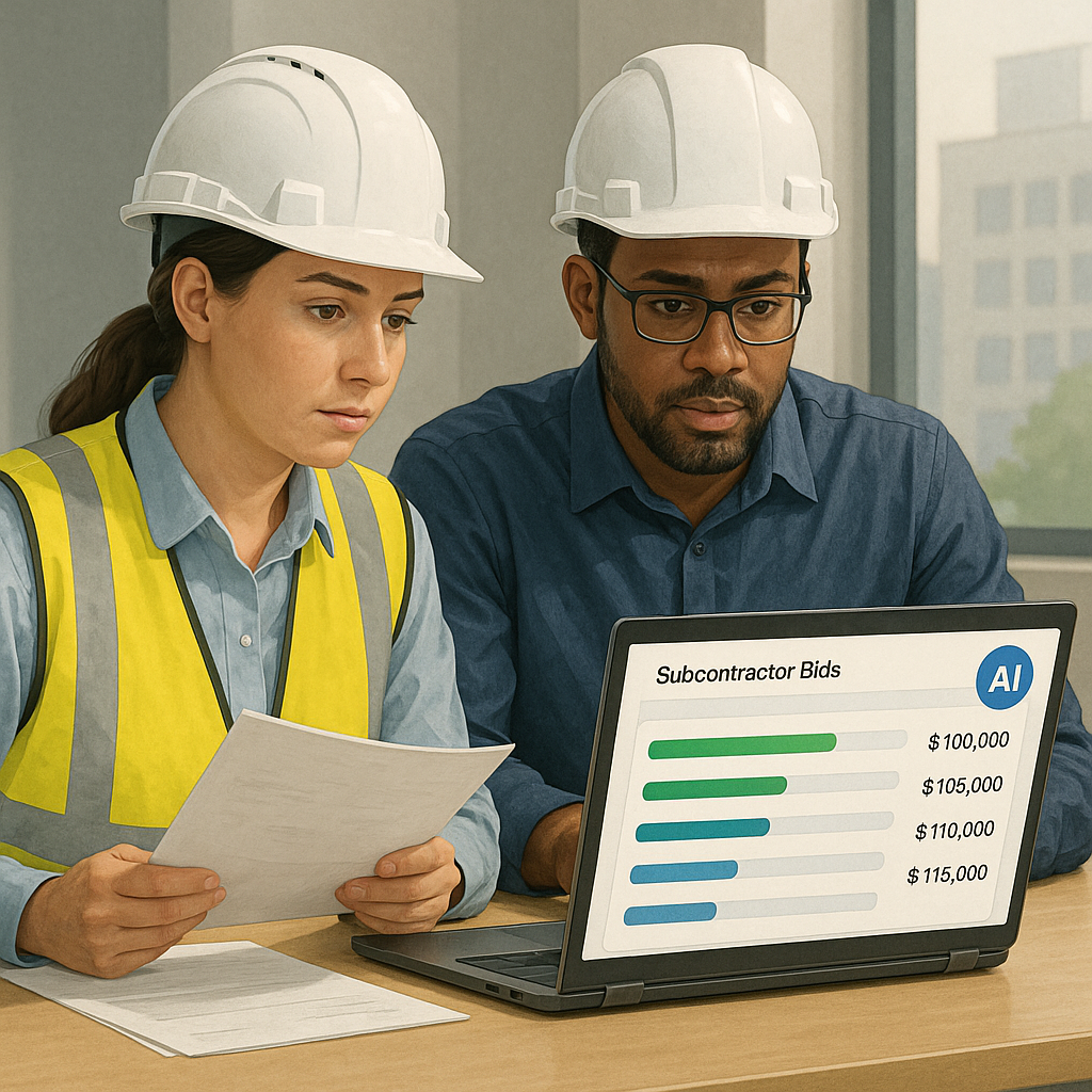 A realistic illustration of two construction professionals reviewing subcontractor bids, with an AI-powered software int...