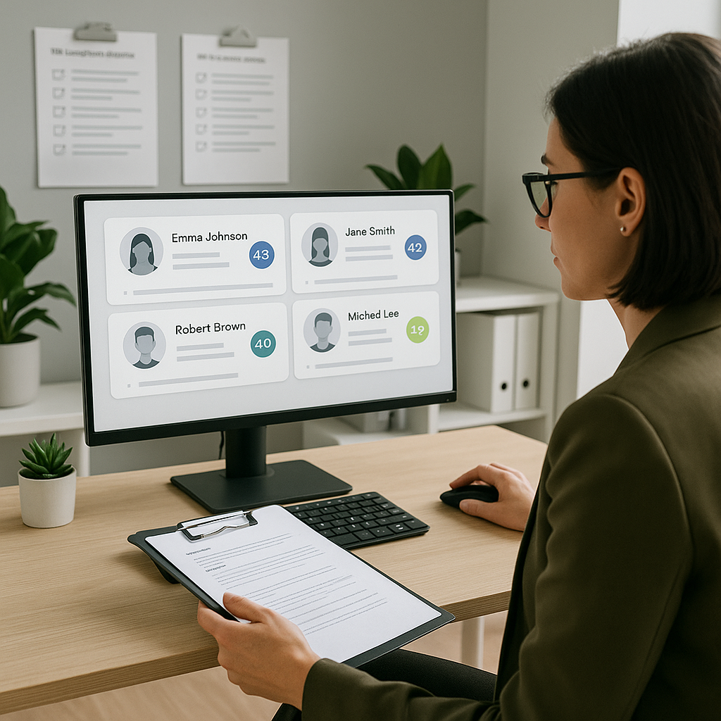 A modern HR office with a recruiter reviewing AI-generated candidate scorecards on a sleek dashboard, compliance checkli...
