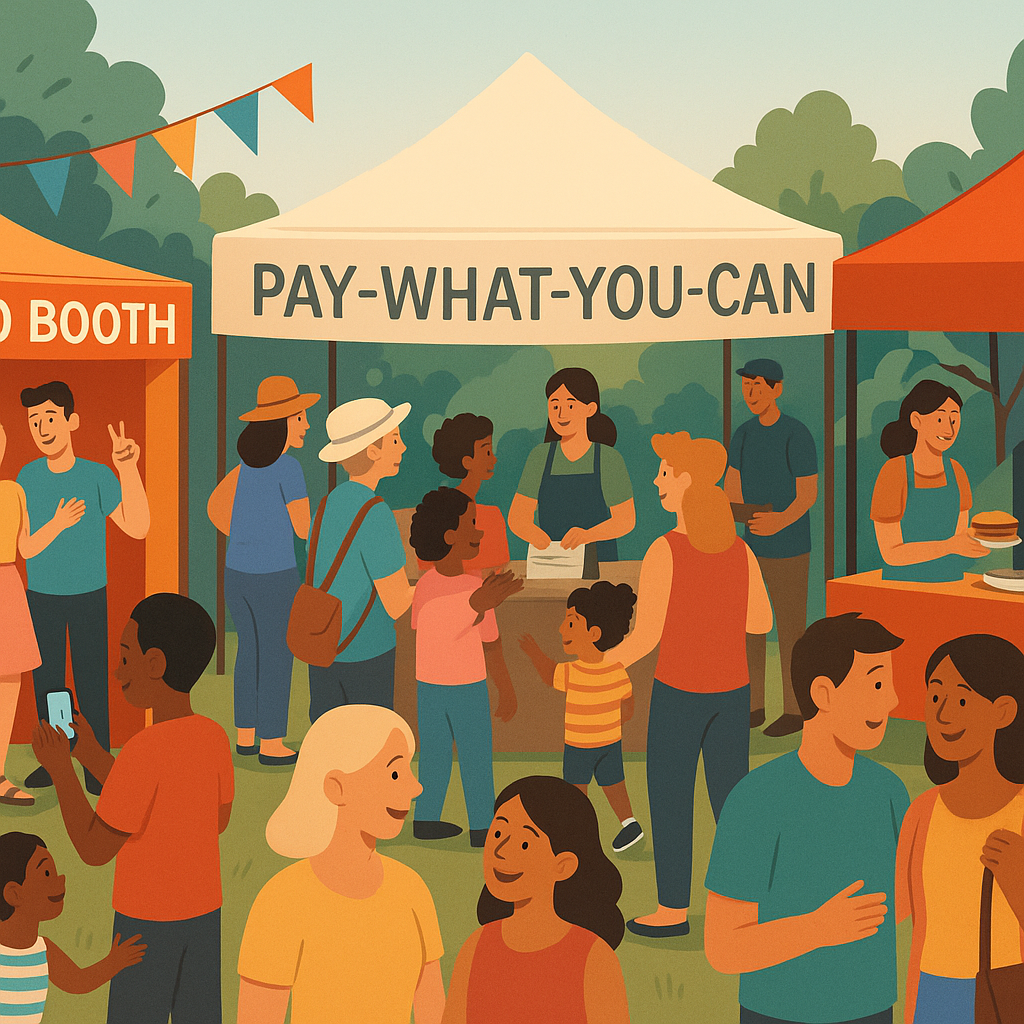 A vibrant community event with people of all ages enjoying a Pay What You Can fundraiser, including a photo booth and lo...