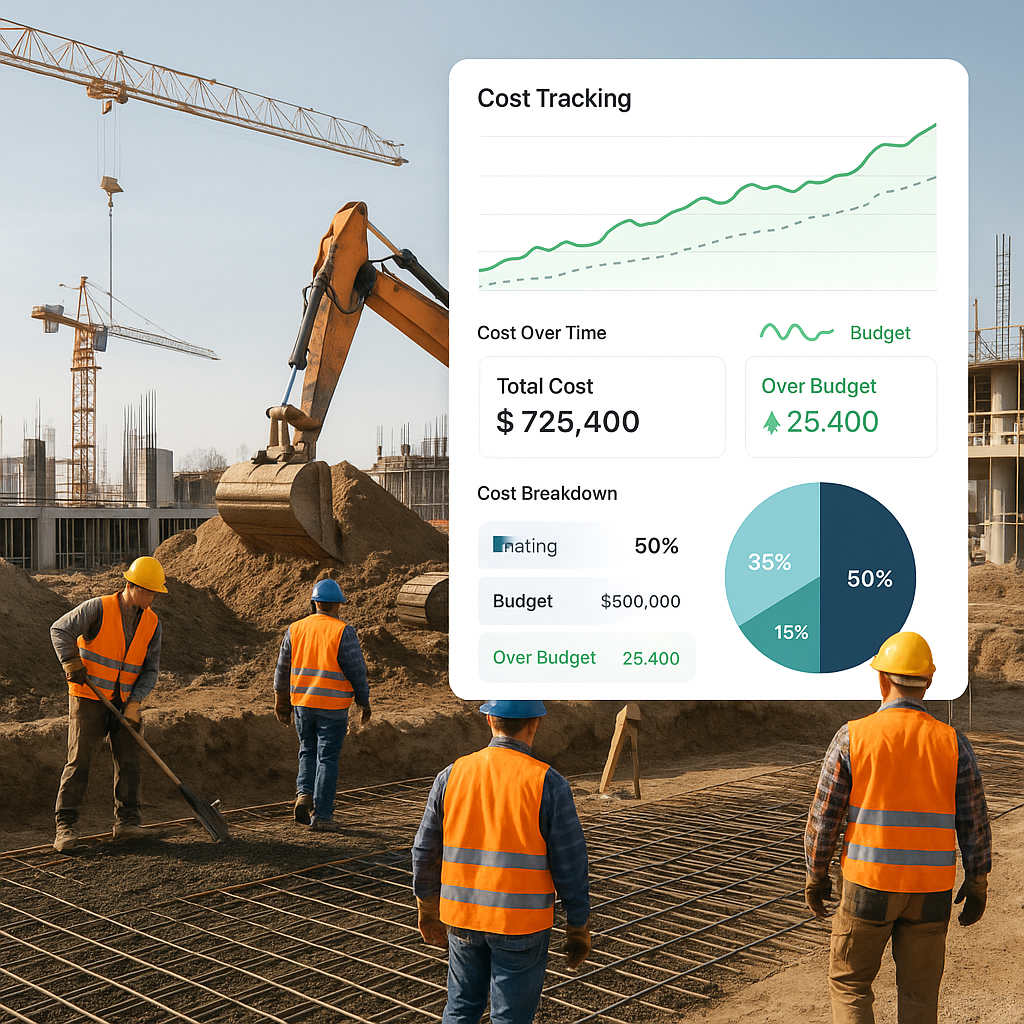 A construction site with workers and machinery, overlayed with a digital dashboard showing real-time cost tracking data.