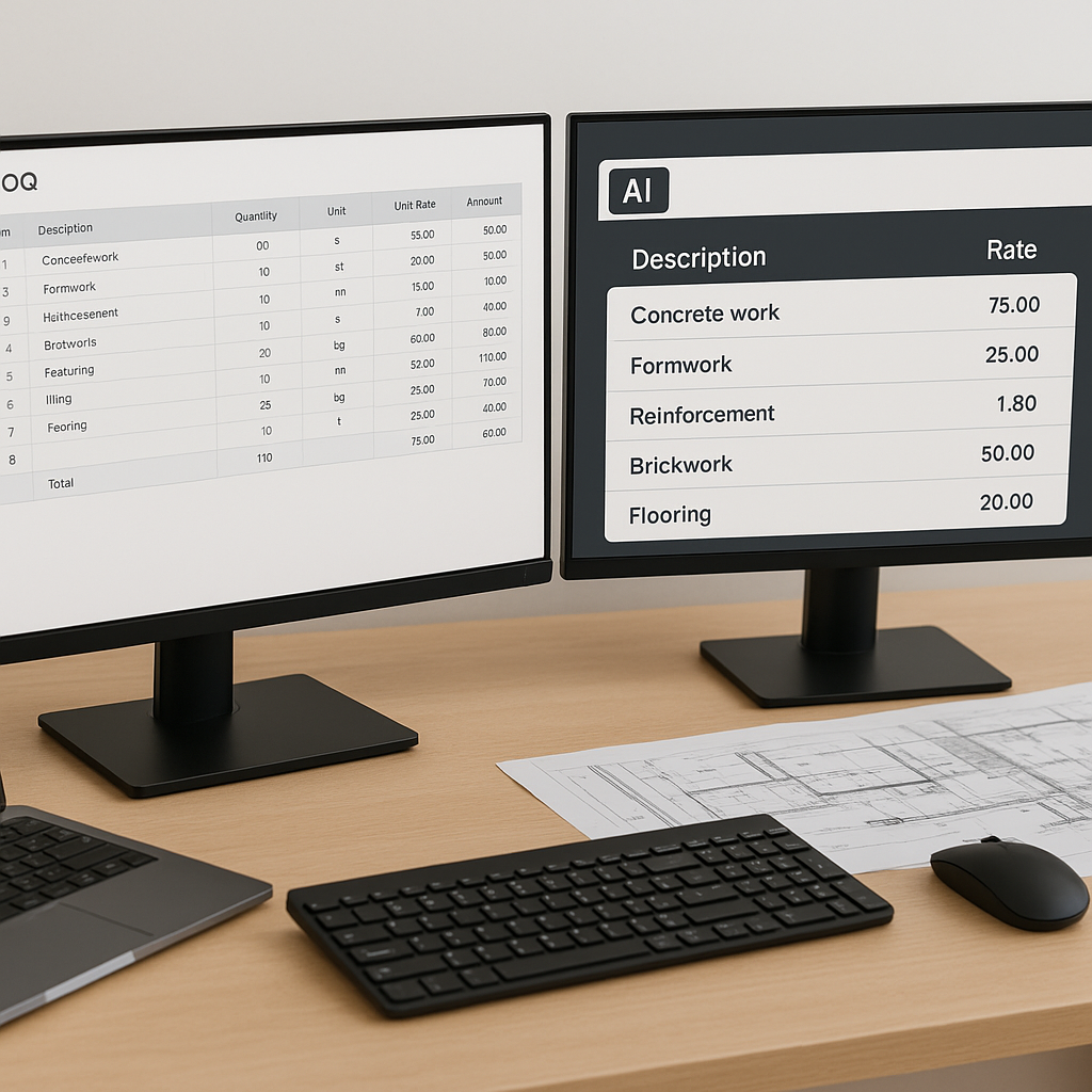 A detailed image of an estimator’s desk with a BOQ spreadsheet on one screen, AI software automating rate matches on ano...