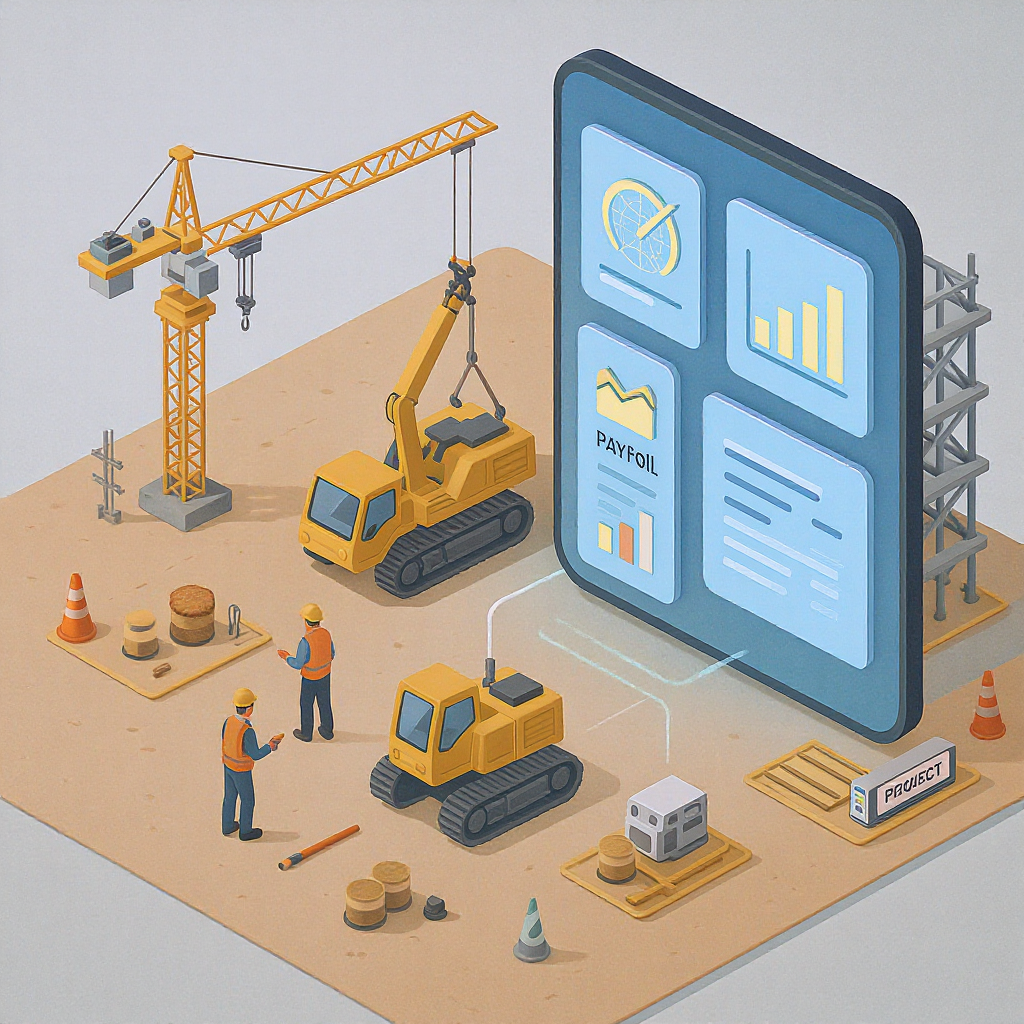 An isometric illustration of a construction site with workers, machinery, and a seamless digital interface connecting pr...