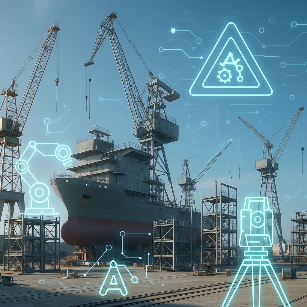 A futuristic shipyard under construction in Texas, with cranes, steel structures, and a digital overlay of AI-driven con...