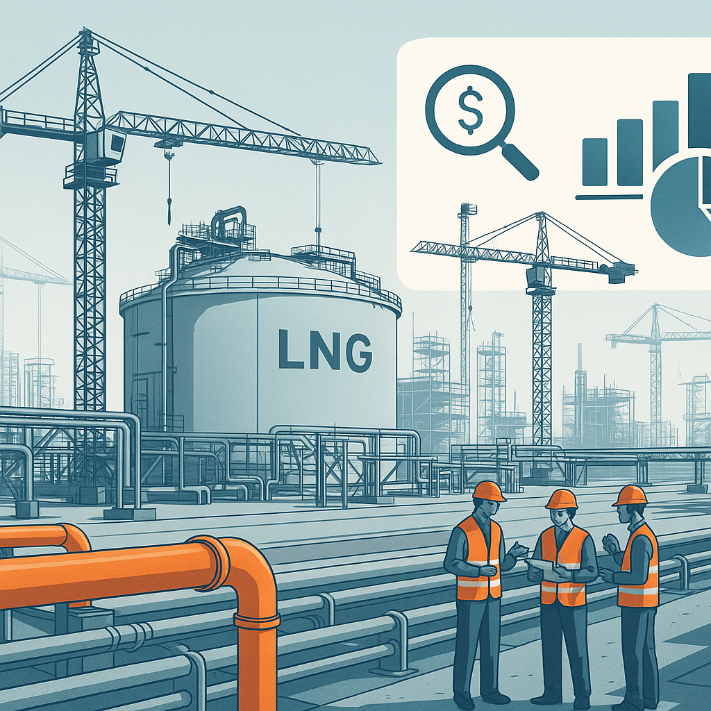 A detailed illustration of a massive LNG terminal construction site, showing cranes, pipelines, and workers; labeled wit...