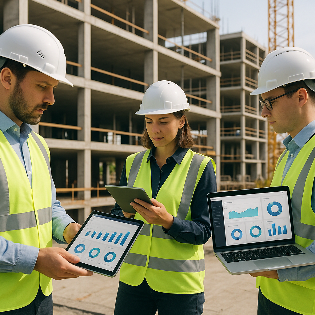 A construction site with engineers using tablets and laptops, showing digital dashboards for project management.