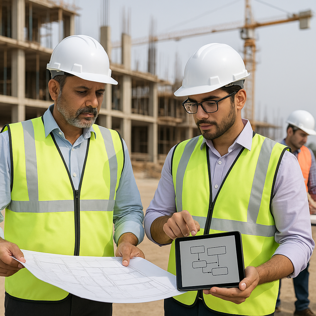 An Indian construction site with workers reviewing blueprints, subcontractors signing agreements, and digital workflows...