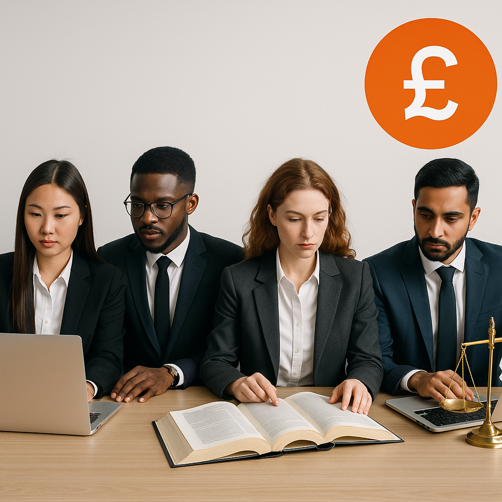 A diverse group of international lawyers studying with laptops and legal books, with a visible £5 price tag symbolizing...
