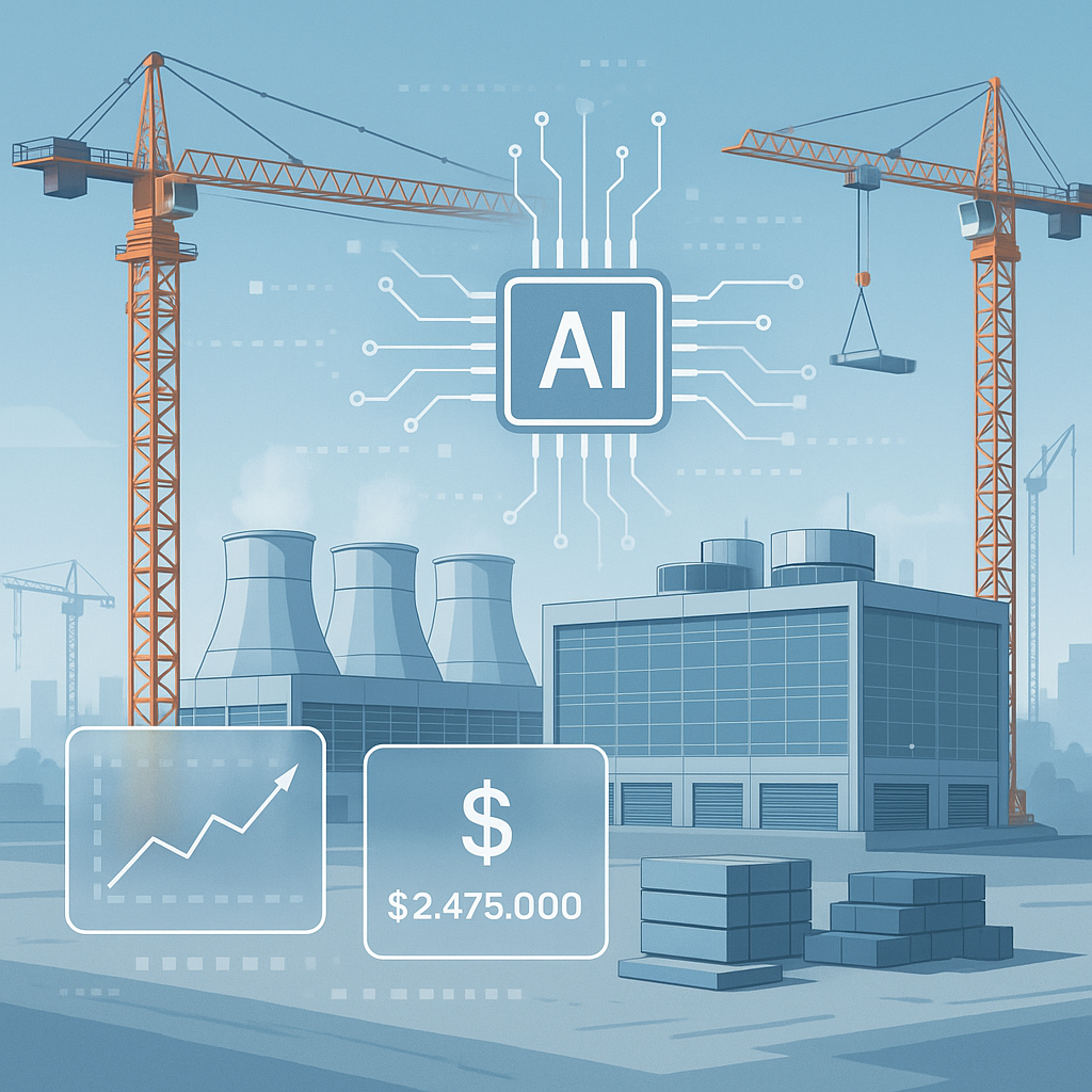 A high-tech construction site featuring cranes, data center cooling towers, and digital overlays showing AI-generated co...