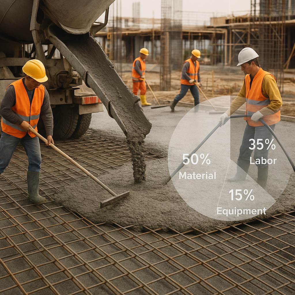 A construction site with workers pouring concrete slabs, overlaid with a transparent breakdown of material, labor, and e...
