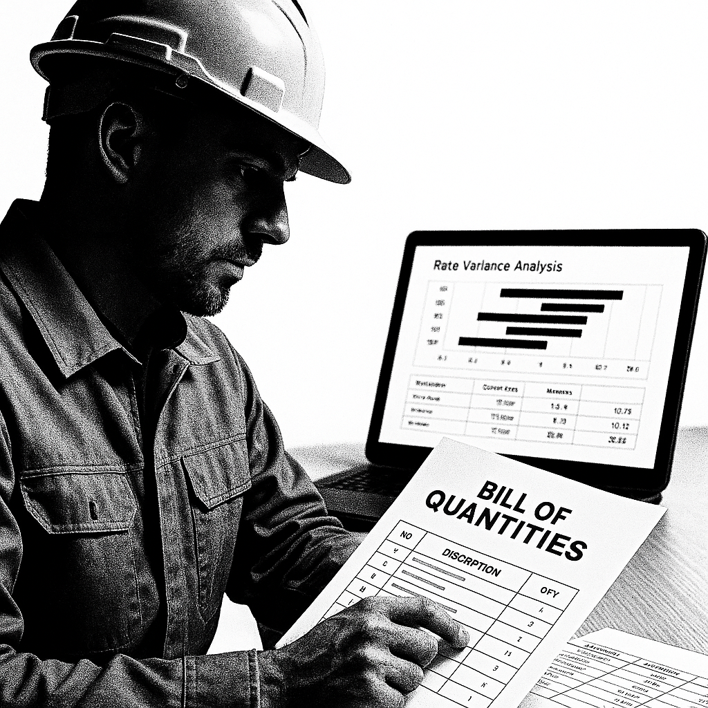 A high-contrast image of a contractor reviewing a BOQ document with a tablet showing rate variance analysis in the backg...