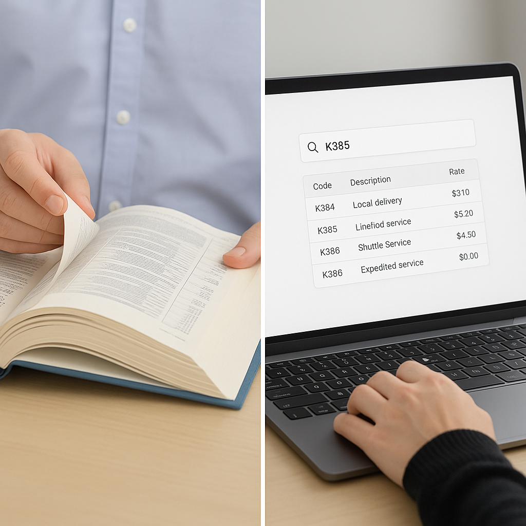 A split-screen image showing an estimator flipping through a thick rate book on one side and an AI-powered tool instantl...