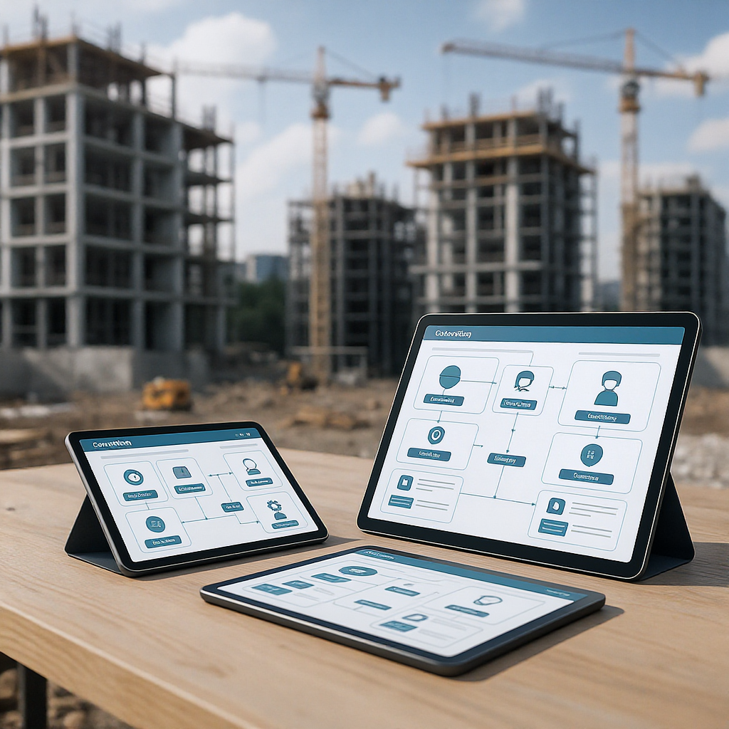 A construction project site with interconnected digital workflows visualised on tablets, showing consistency across mult...