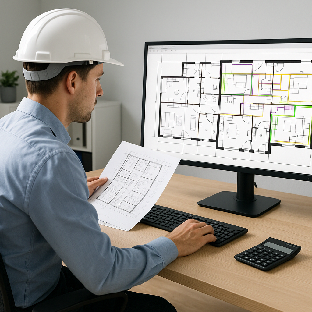 A construction estimator sitting at a workstation, comparing a complex PDF drawing with an AI-powered tool on their comp...