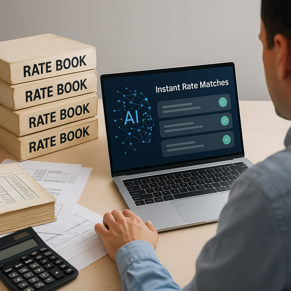 An estimator sitting at a cluttered desk with stacks of rate books, contrasted with a sleek AI interface on their laptop...