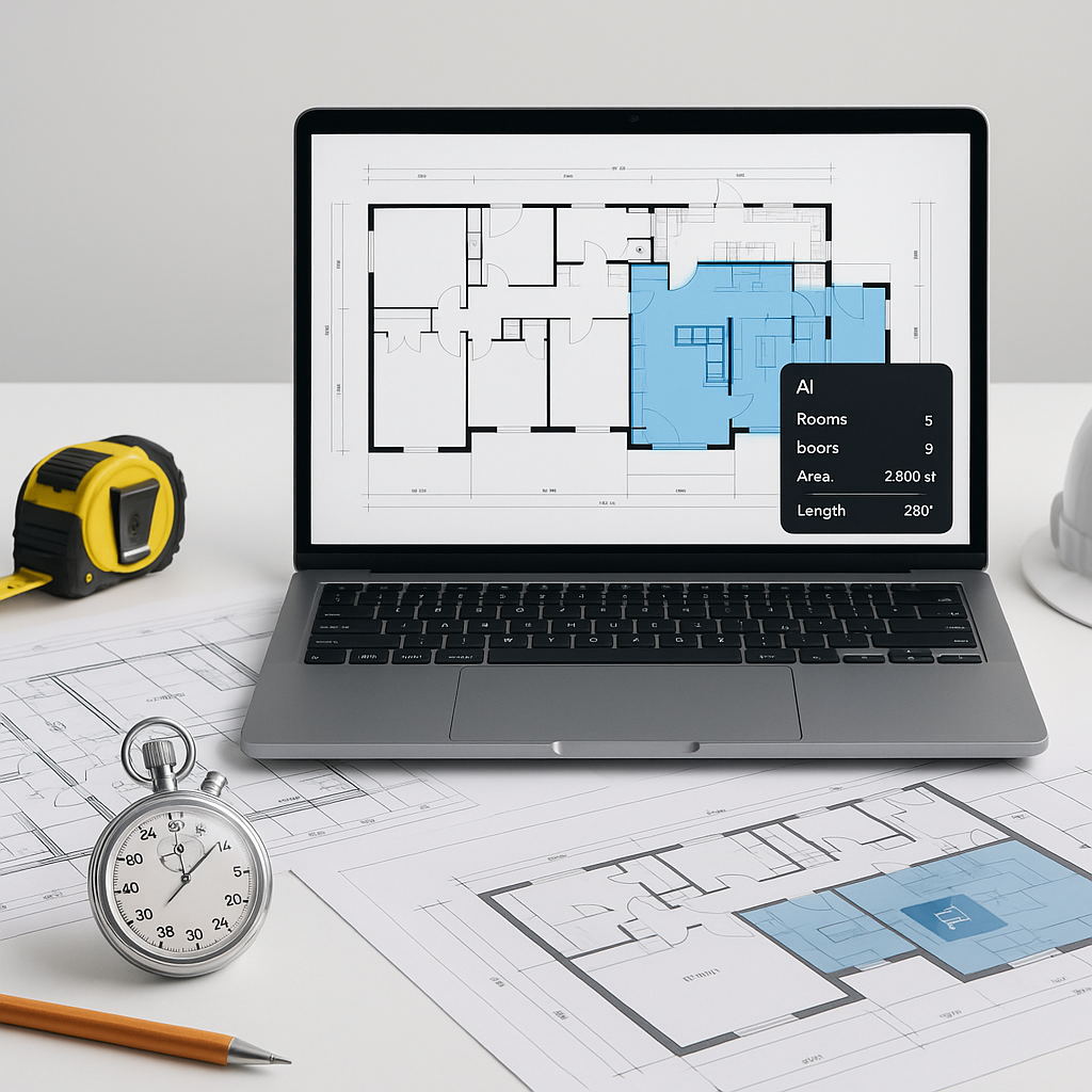 A construction estimator's desk with blueprints, a laptop displaying AI software analyzing drawings, and a stopwatch sho...