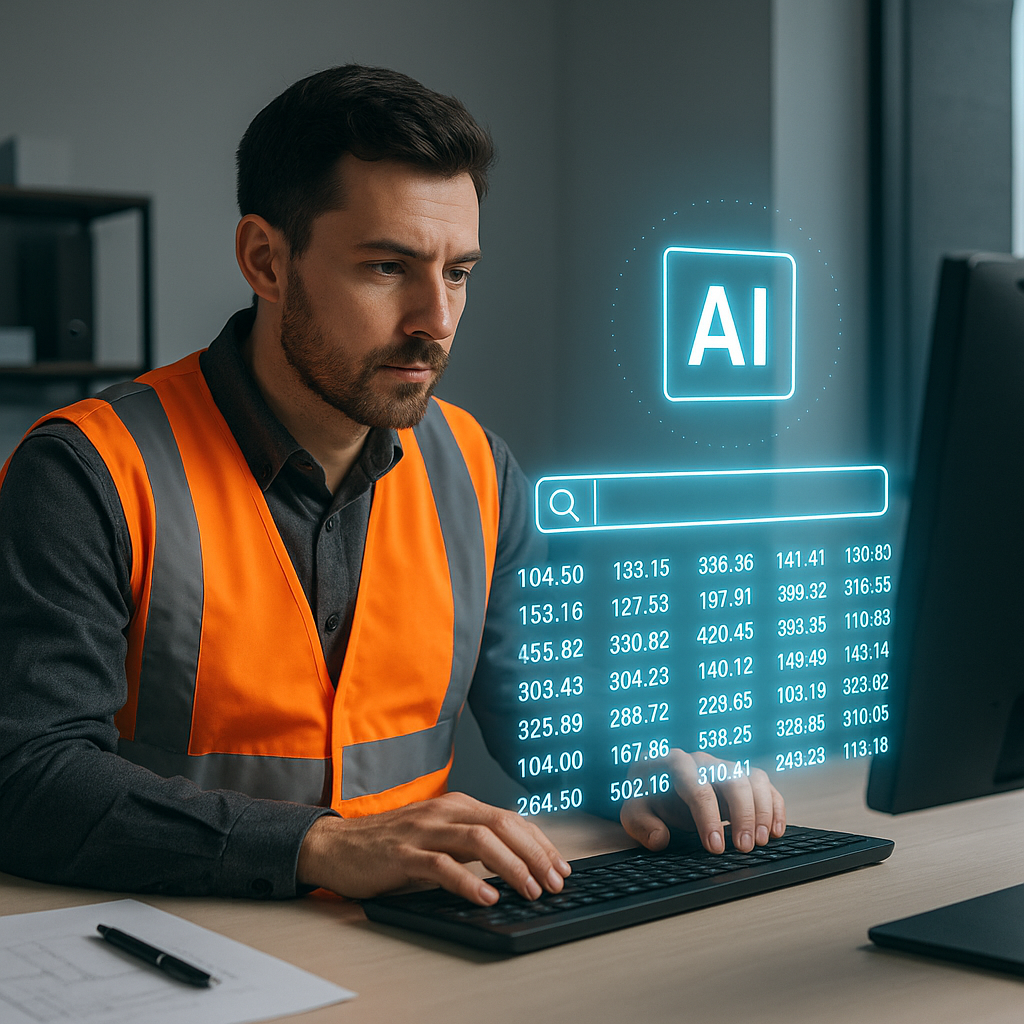 A construction estimator sitting at a desk with a glowing AI interface, showing a massive rate database being searched i...