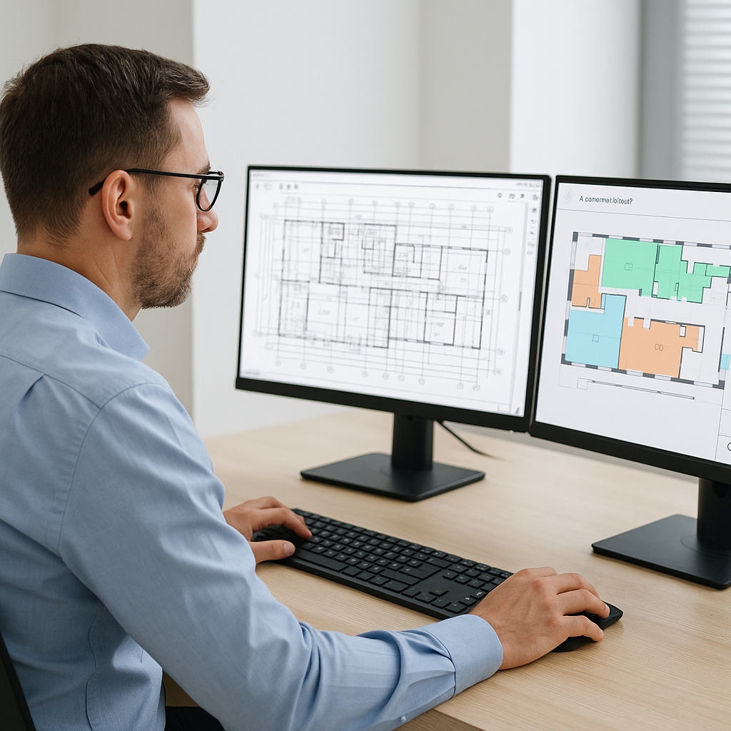 A construction estimator at a desk with dual monitors: one showing a complex PDF drawing and the other displaying an AI-...