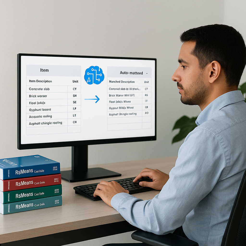 A construction estimator sitting at a desk with stacks of RSMeans rate books alongside a computer screen showing AI-powe...