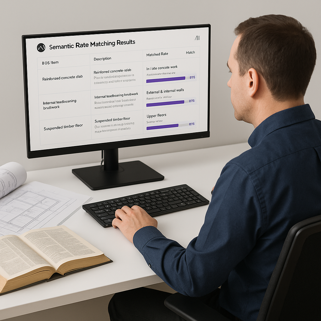 A construction estimator sitting at a desk with AI-powered software on a screen, showing semantic rate matching results...
