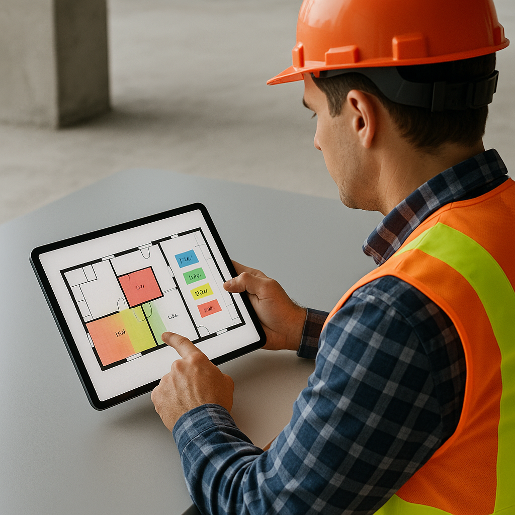 A construction estimator reviewing digital floor plans on a tablet, with AI-generated quantity takeoffs visually highlig...